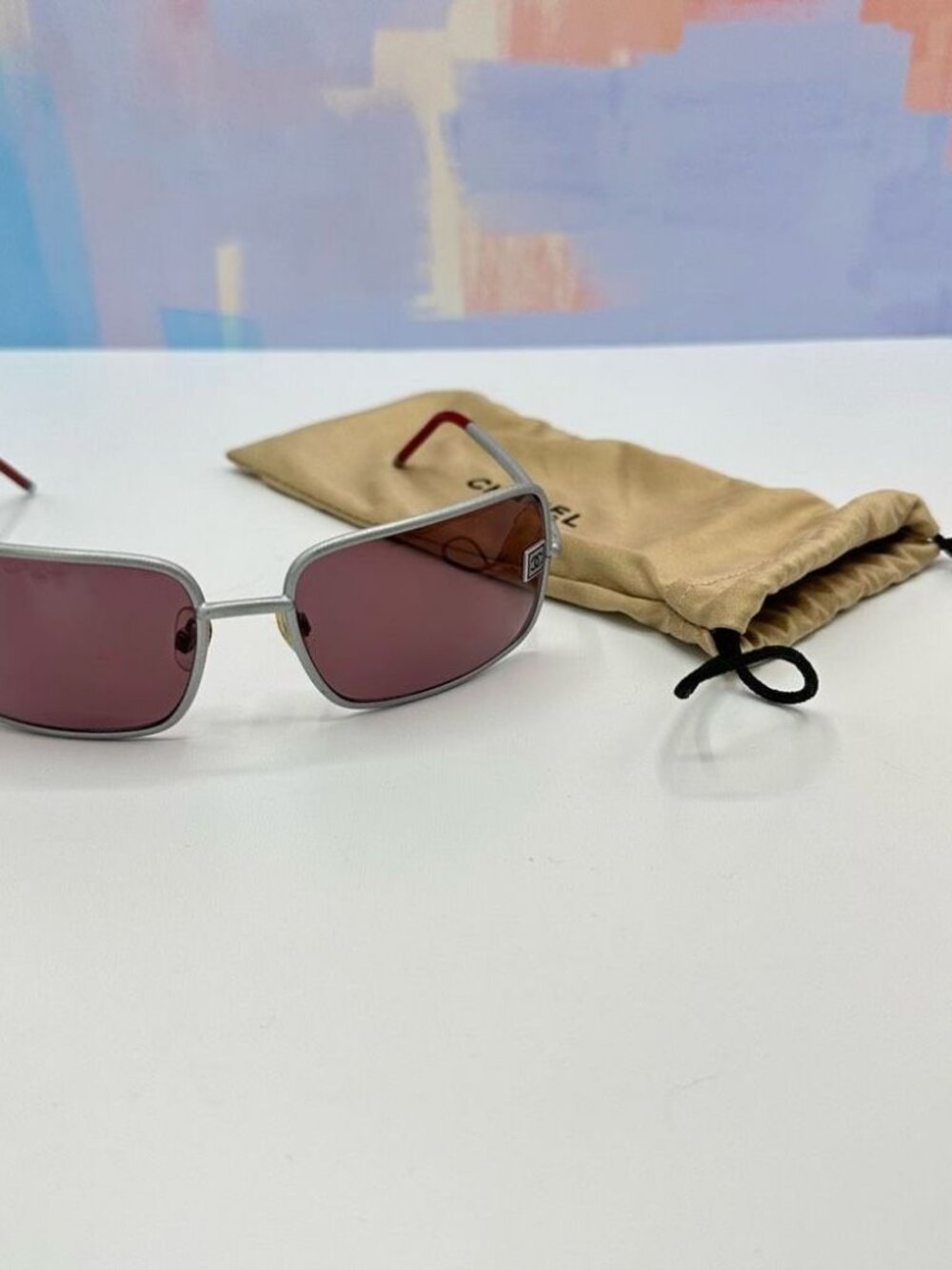Rare Vintage Chanel Gray Frame Red Lens Sunglass with Original Dust Bag